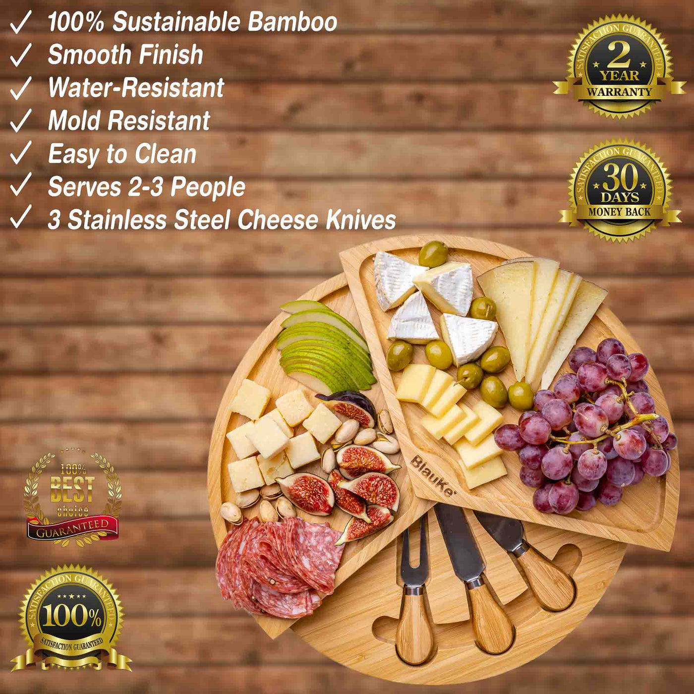 Bamboo Cheese Board and Knife Set - 14 Inch Charcuterie Board