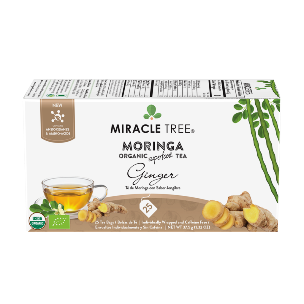 Organic Moringa Ginger Tea – 25 Wrapped Tea Bags, Caffeine-Free Superfood