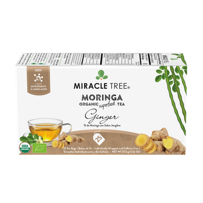 Organic Moringa Ginger Tea – 25 Wrapped Tea Bags, Caffeine-Free Superfood