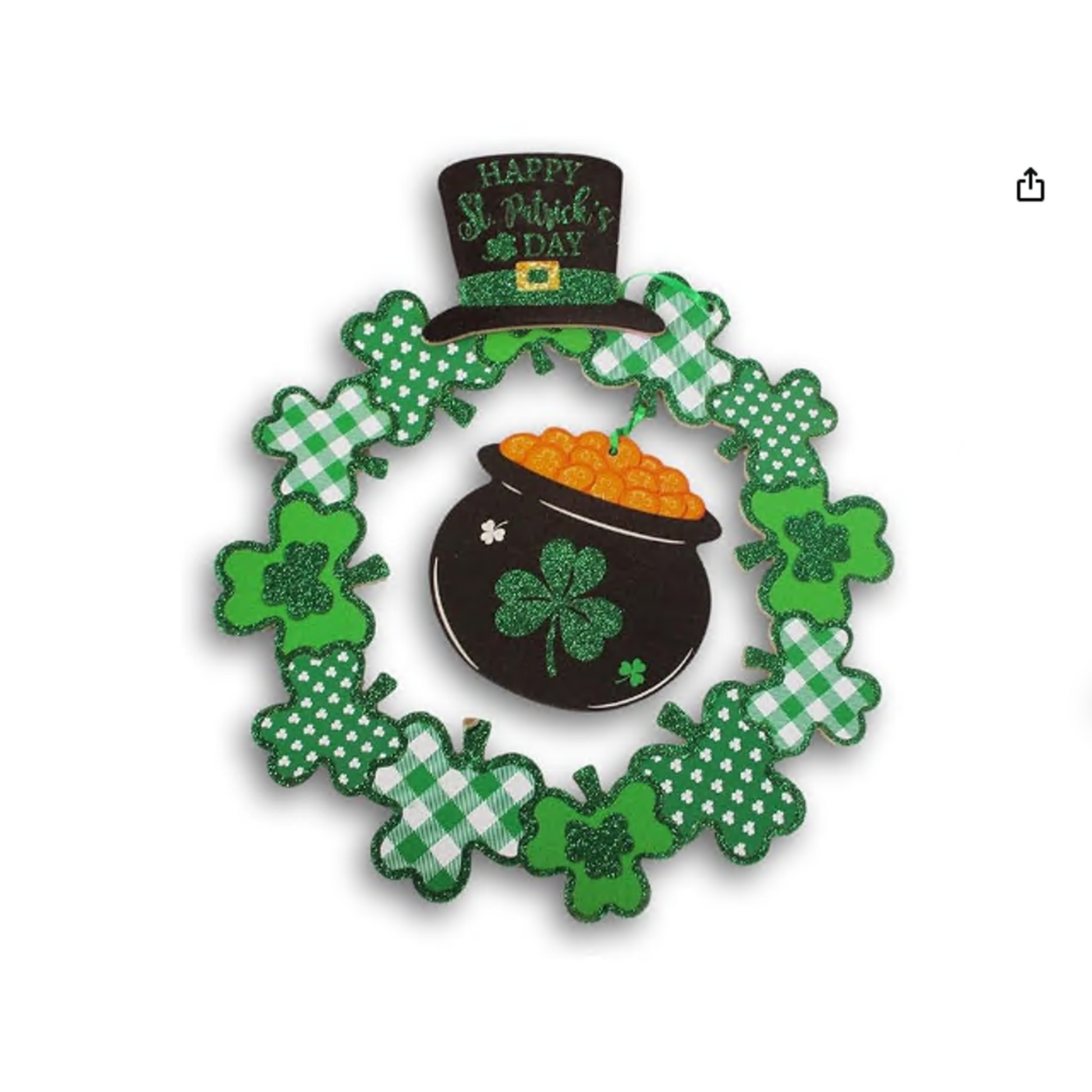 St. Patrick’s Day Wreath – Glitter Shamrock, Pot of Gold, Top Hat