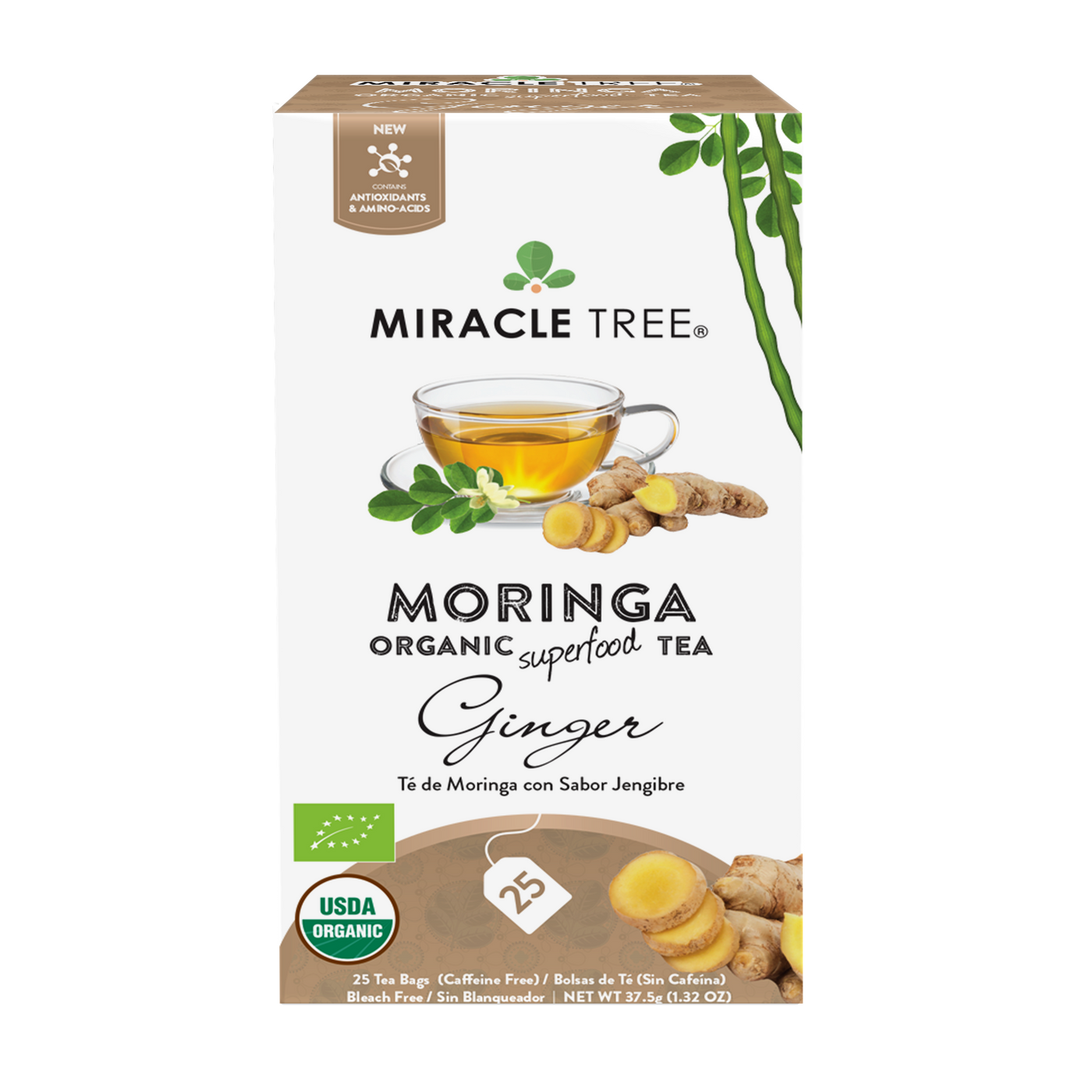 Organic Moringa Ginger Tea – 25 Wrapped Tea Bags, Caffeine-Free Superfood