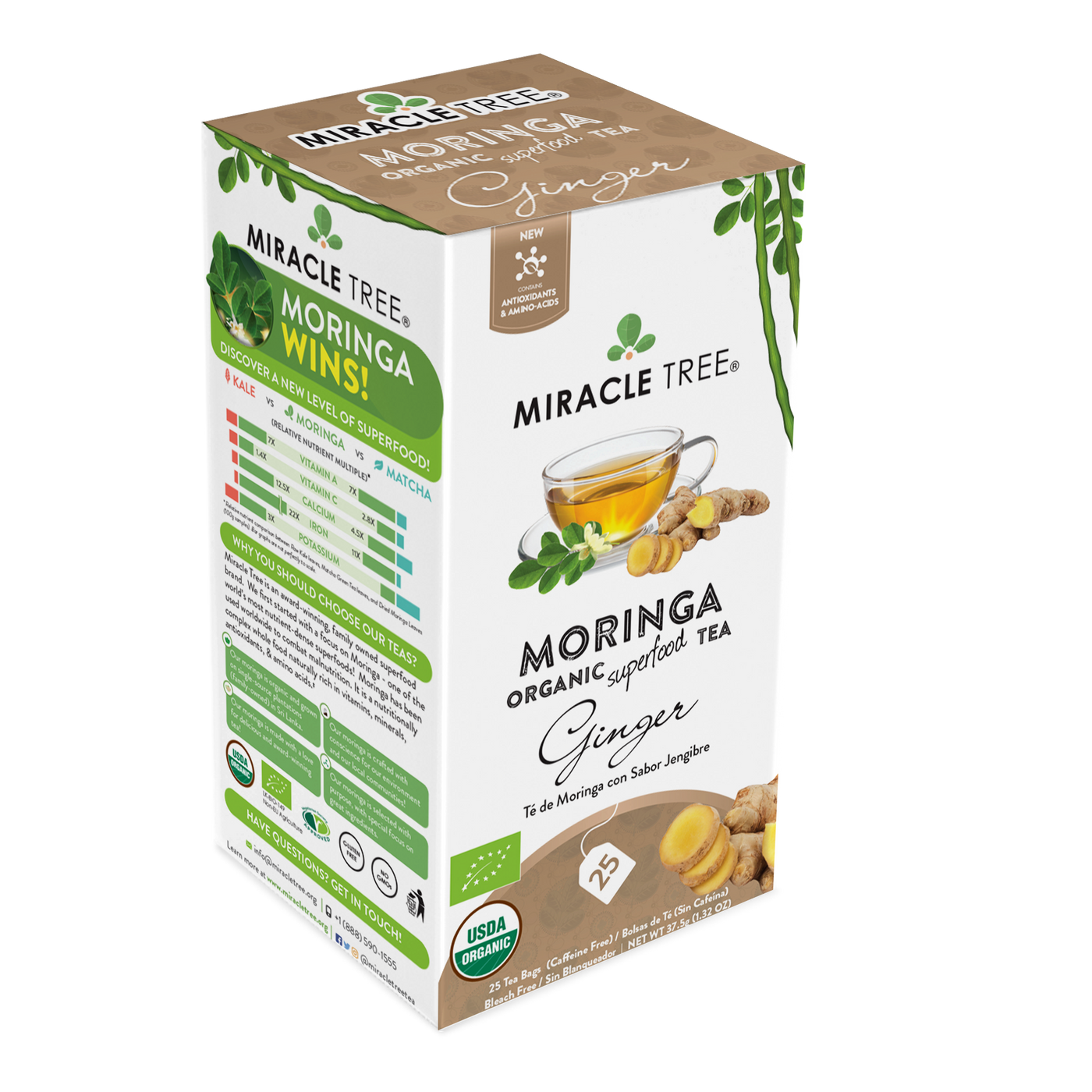 Organic Moringa Ginger Tea – 25 Wrapped Tea Bags, Caffeine-Free Superfood